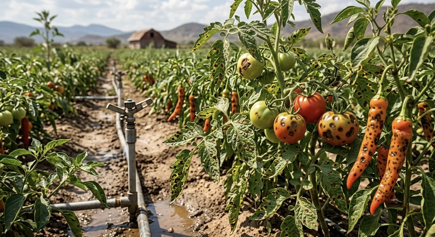 Jitomate y chile con mancha y peca bacteriana: fruto y follaje con lesiones oscuras