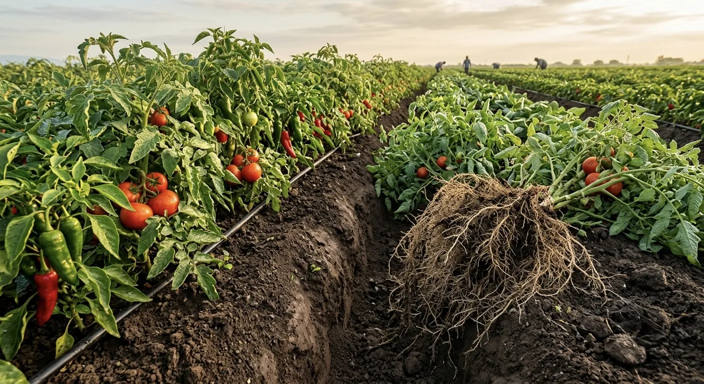 Cultivo de hortalizas de jitomate y chile con el sistema radicular expuesto en el surco