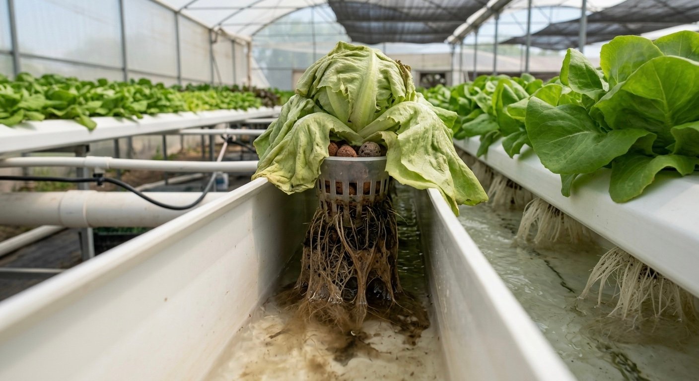 Lechuga hidropónica con pudrición radical por Pythium: raíces pardas y colapso con agua disponible