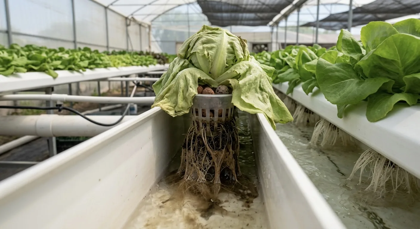 Lechuga hidropónica con pudrición radical por Pythium: raíces pardas y colapso con agua disponible