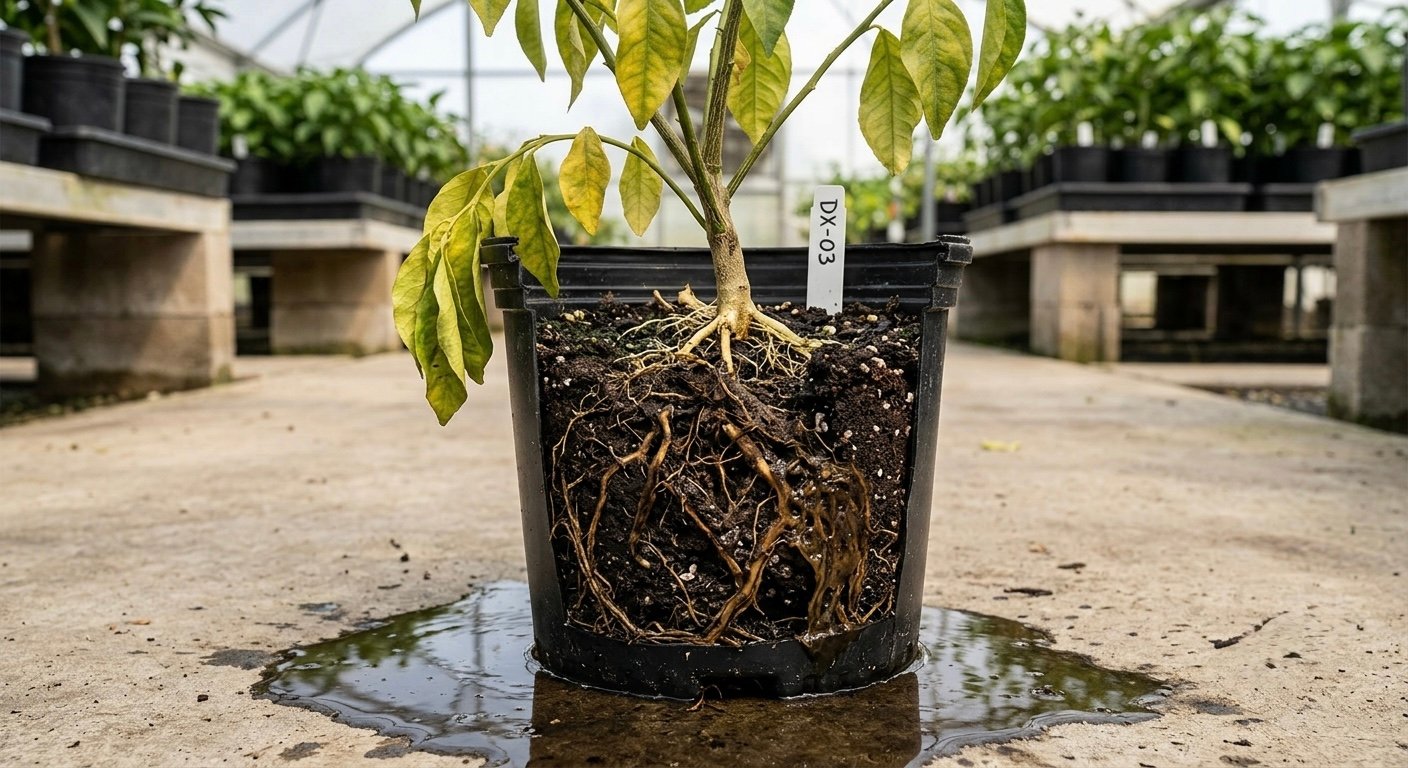 Planta en maceta con pudrición radical por Phytophthora: raíces dañadas y hojas amarillas
