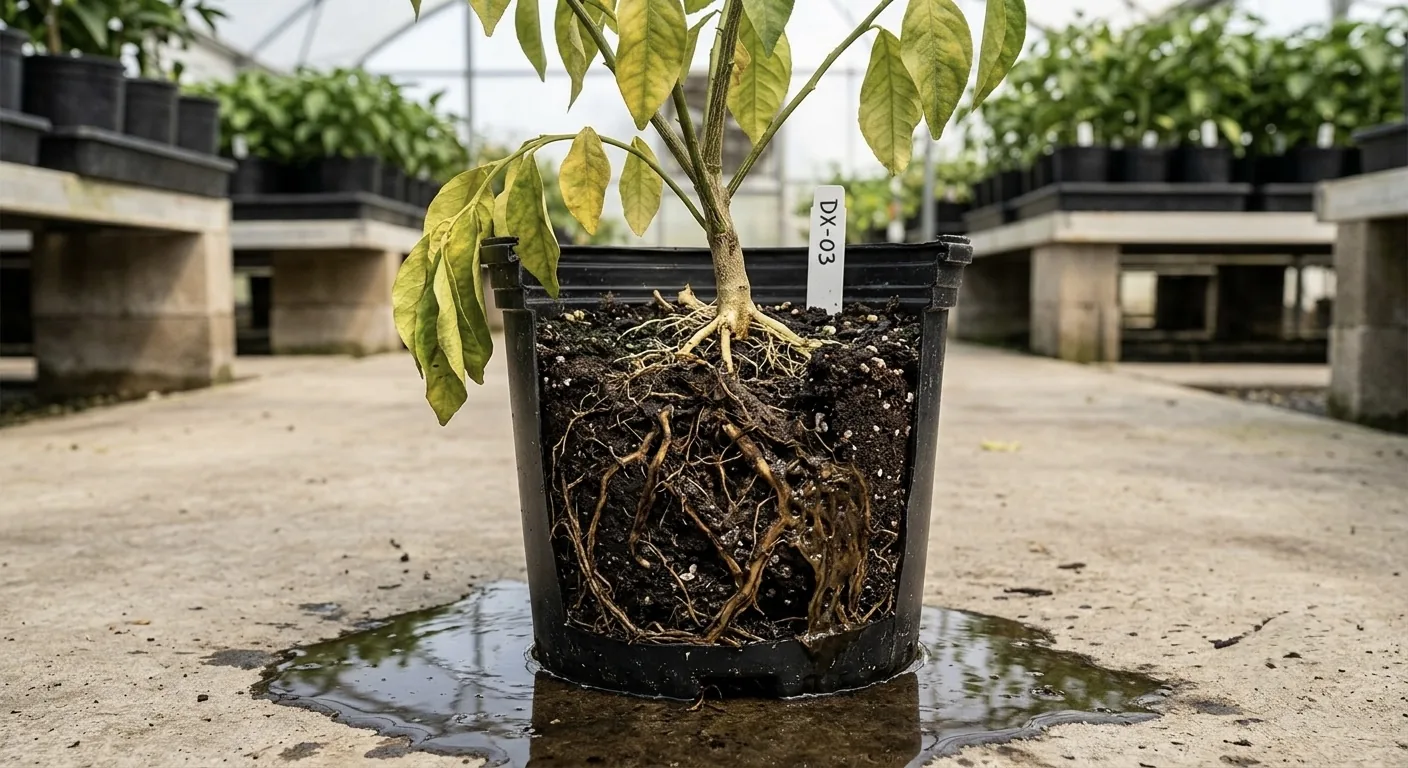 Planta en maceta con pudrición radical por Phytophthora: raíces dañadas y hojas amarillas
