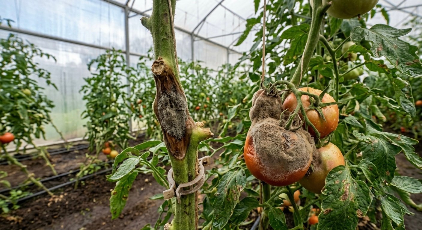 Jitomate de invernadero con moho gris: cancro grisáceo en el tallo y fruto podrido