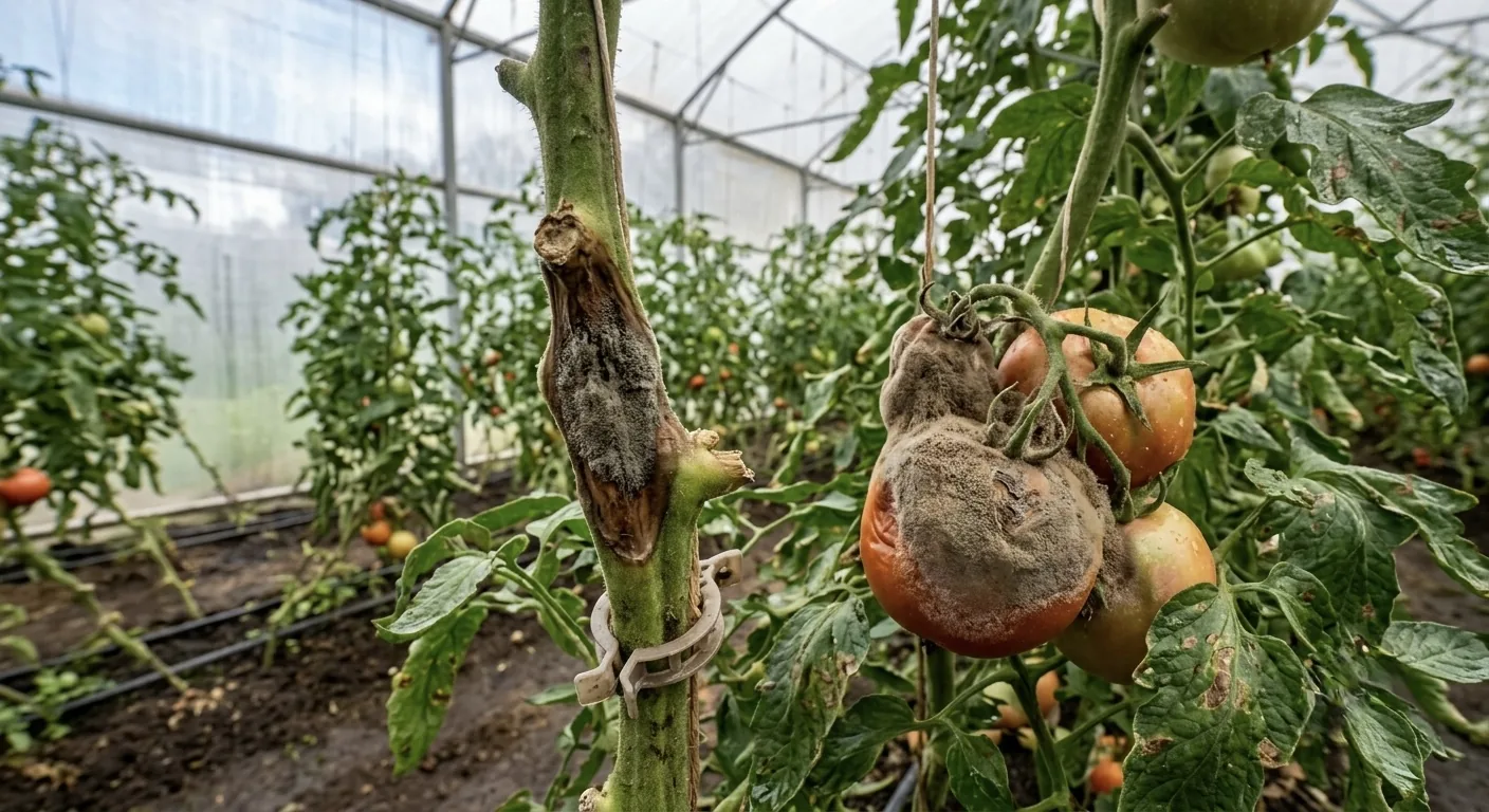Jitomate de invernadero con moho gris: cancro grisáceo en el tallo y fruto podrido