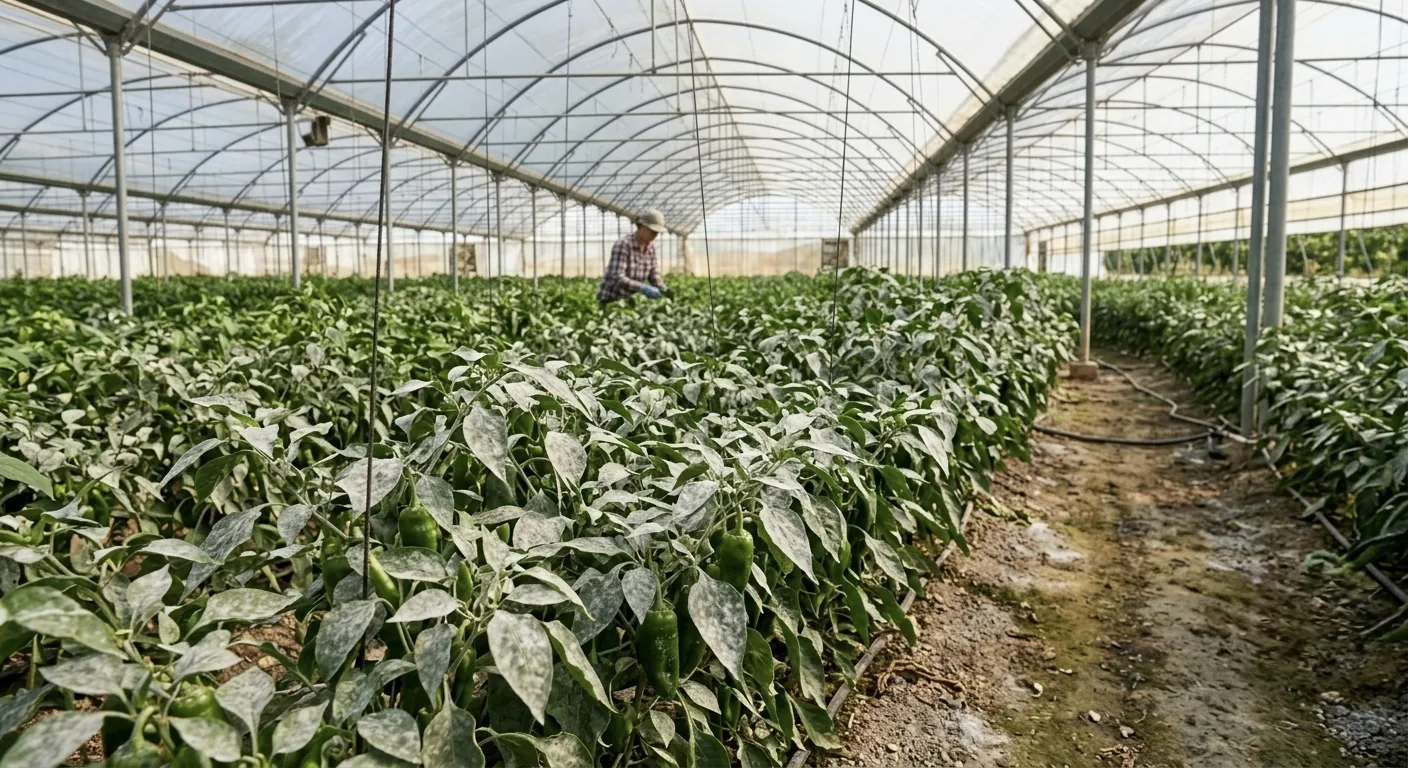 Invernadero de chile con cenicilla: polvo blanco cubriendo el follaje en hileras
