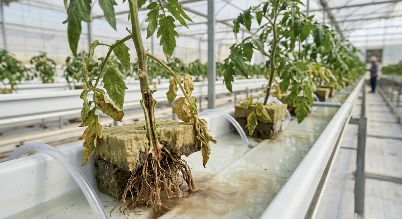 Jitomate hidropónico en lana de roca con marchitez vascular por Fusarium: raíces pardas y hojas amarillas