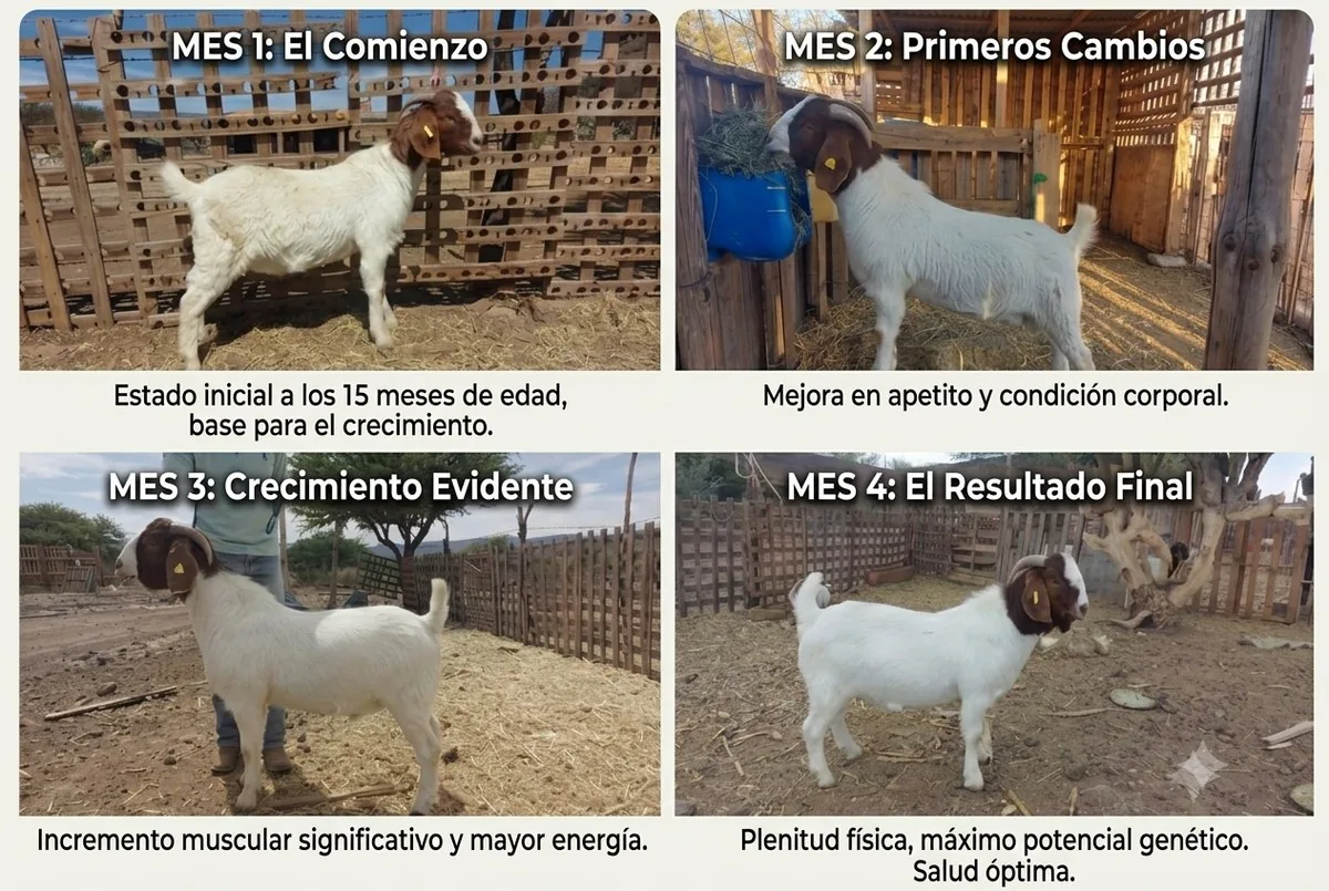 Chivo (caprino) fotografiado en 4 meses mostrando su avance mes por mes con Probio-Vet: mes 1 estado inicial a los 15 meses, mes 2 mejora en apetito, mes 3 crecimiento muscular, mes 4 plenitud física