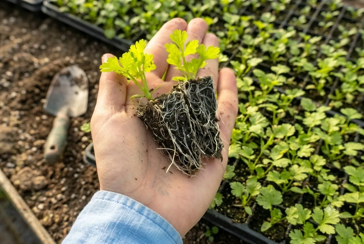 Cepellón de cilantro partido mostrando desarrollo de raíz con otro manejo