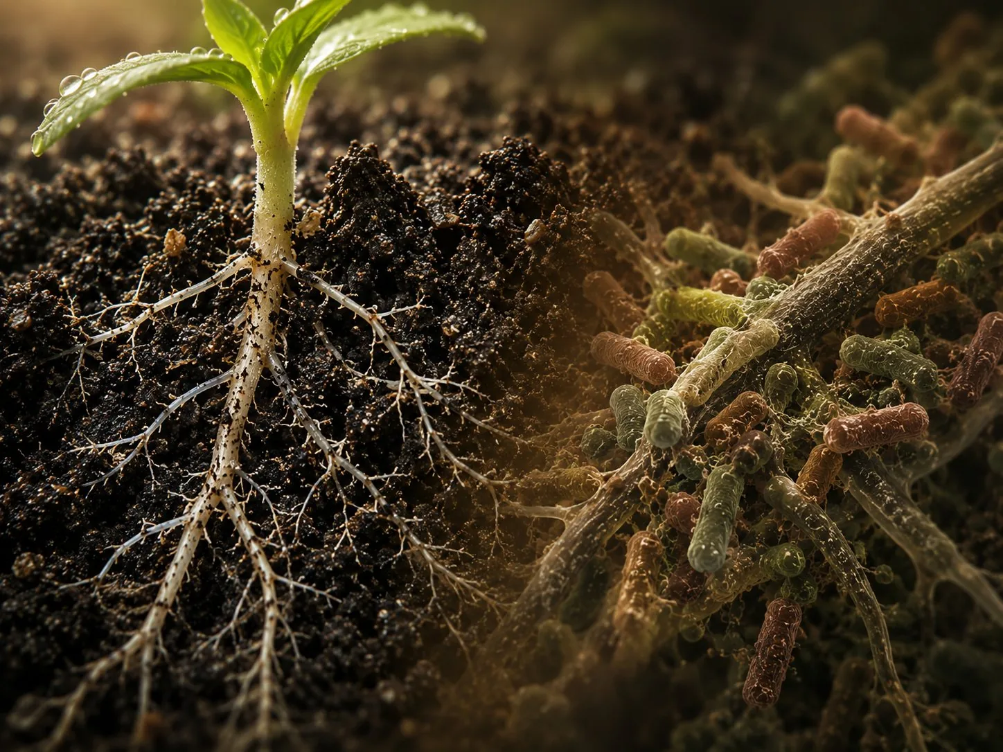 Plántula sana con raíces en suelo oscuro y vivo que se funde con una vista de microscopía de bacterias benéficas Bacillus colonizando las raíces, en tonos verdes y terracota