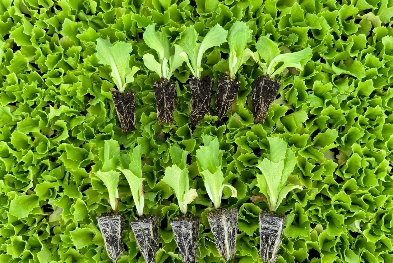 Plántulas de lechuga en dos filas comparando densidad de raíz en el cepellón